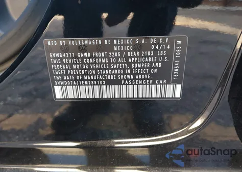 2014 Volkswagen Jetta 1.8T Se z USA, uszkodzony, nr VIN 3VWD07AJ1EM289103